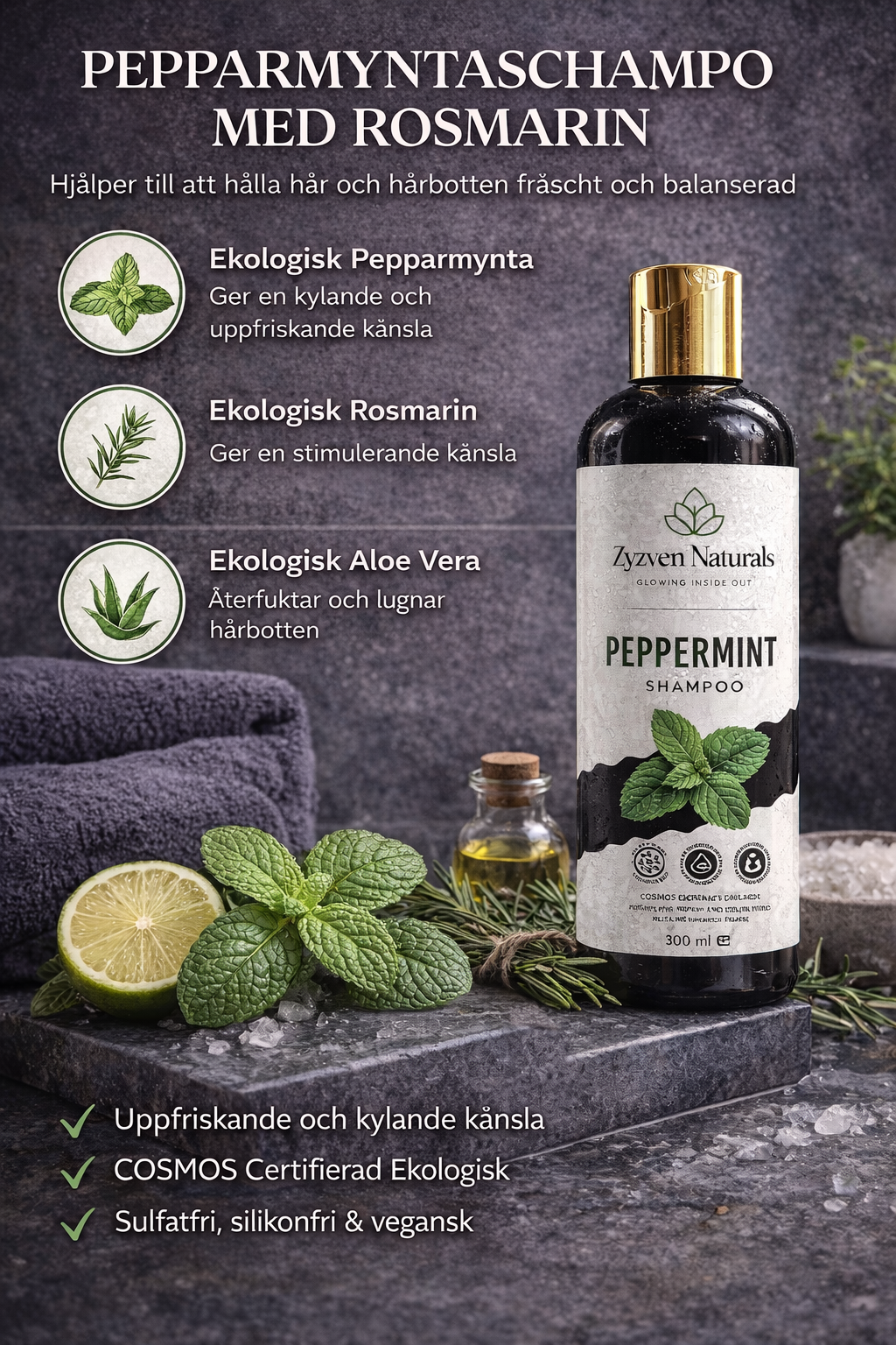 Zyzven Naturals Peppermint Shampoo – COSMOS Certified Organic | 300 ml