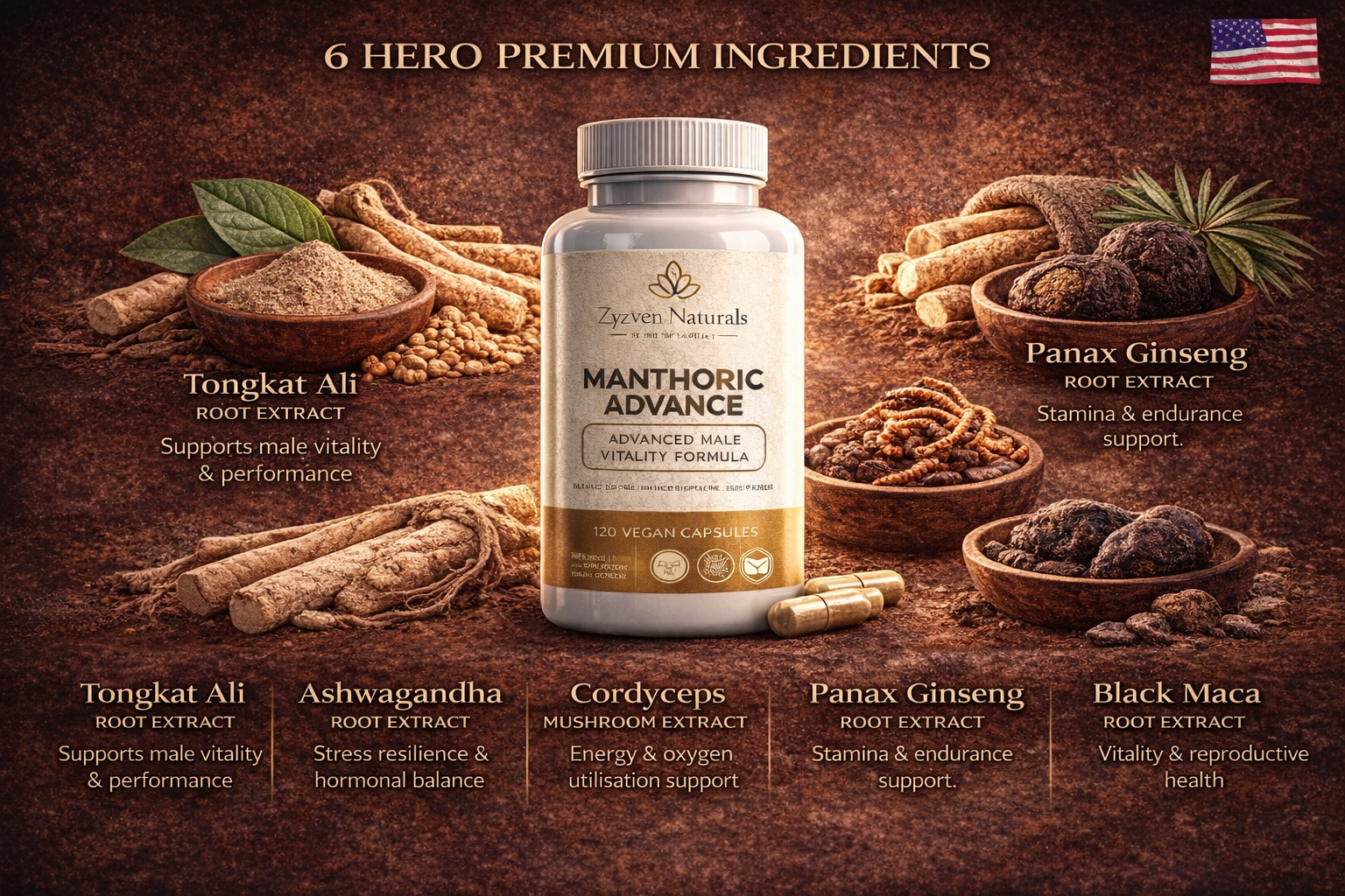 Zyzven Naturals | Manthoric Advance – Advanced Male Energy, Testosterone & Performance Formula (120 Capsules)
