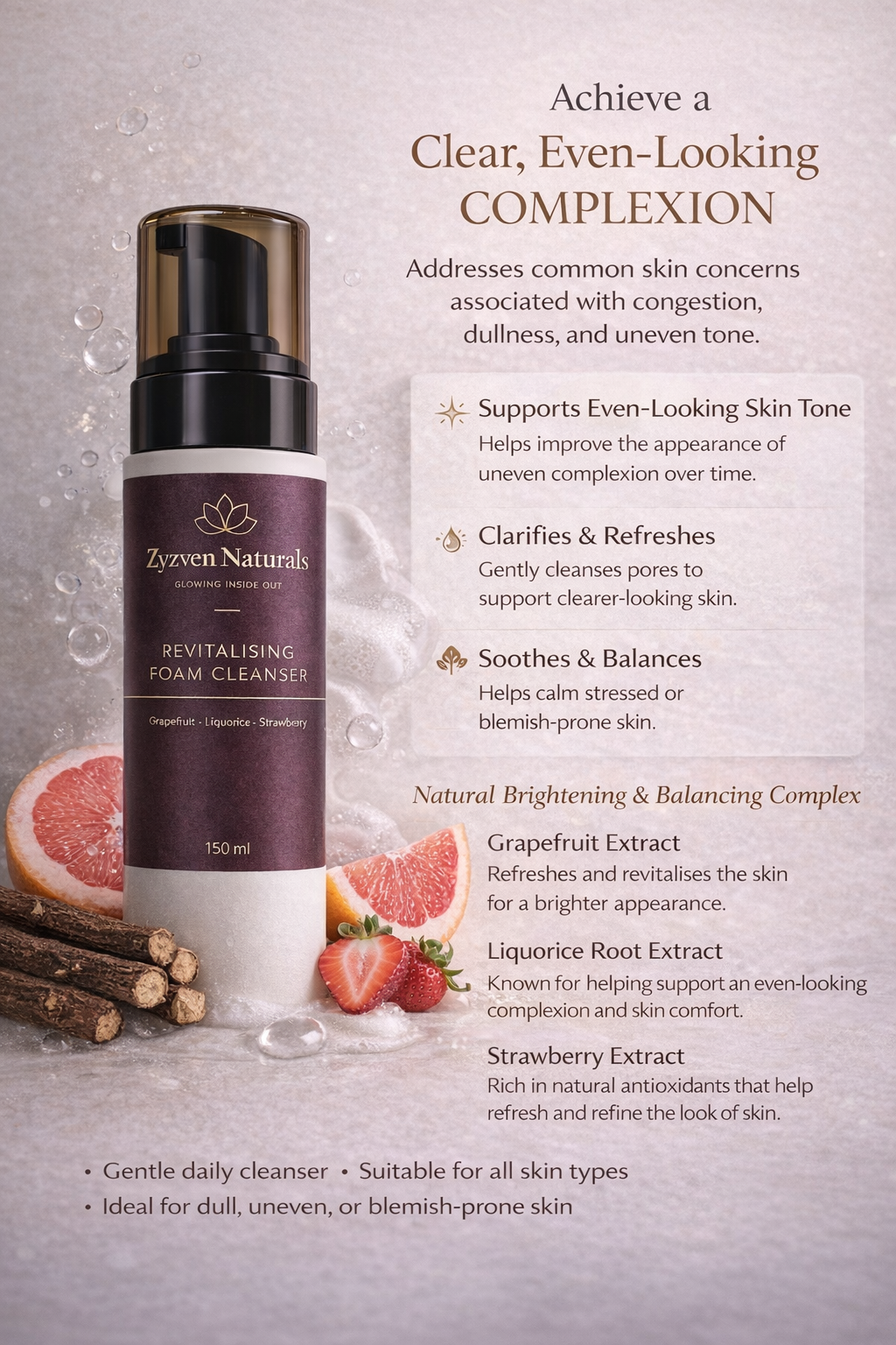 Zyzven Naturals Revitalising Foam Cleanser With Grapefruit, Liquorice & Strawberry – 150ml
