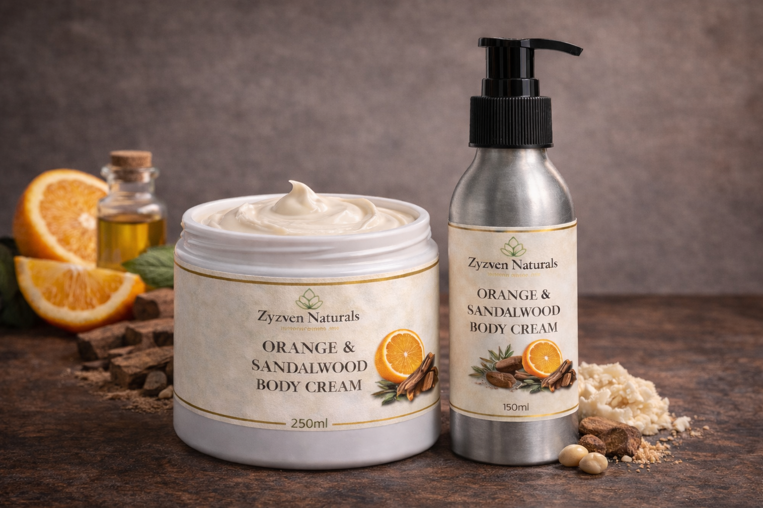 Zyzven Naturals Apelsin & Sandelträ Body Cream – Maskulin Botanisk Kroppskräm (150ml / 250ml)