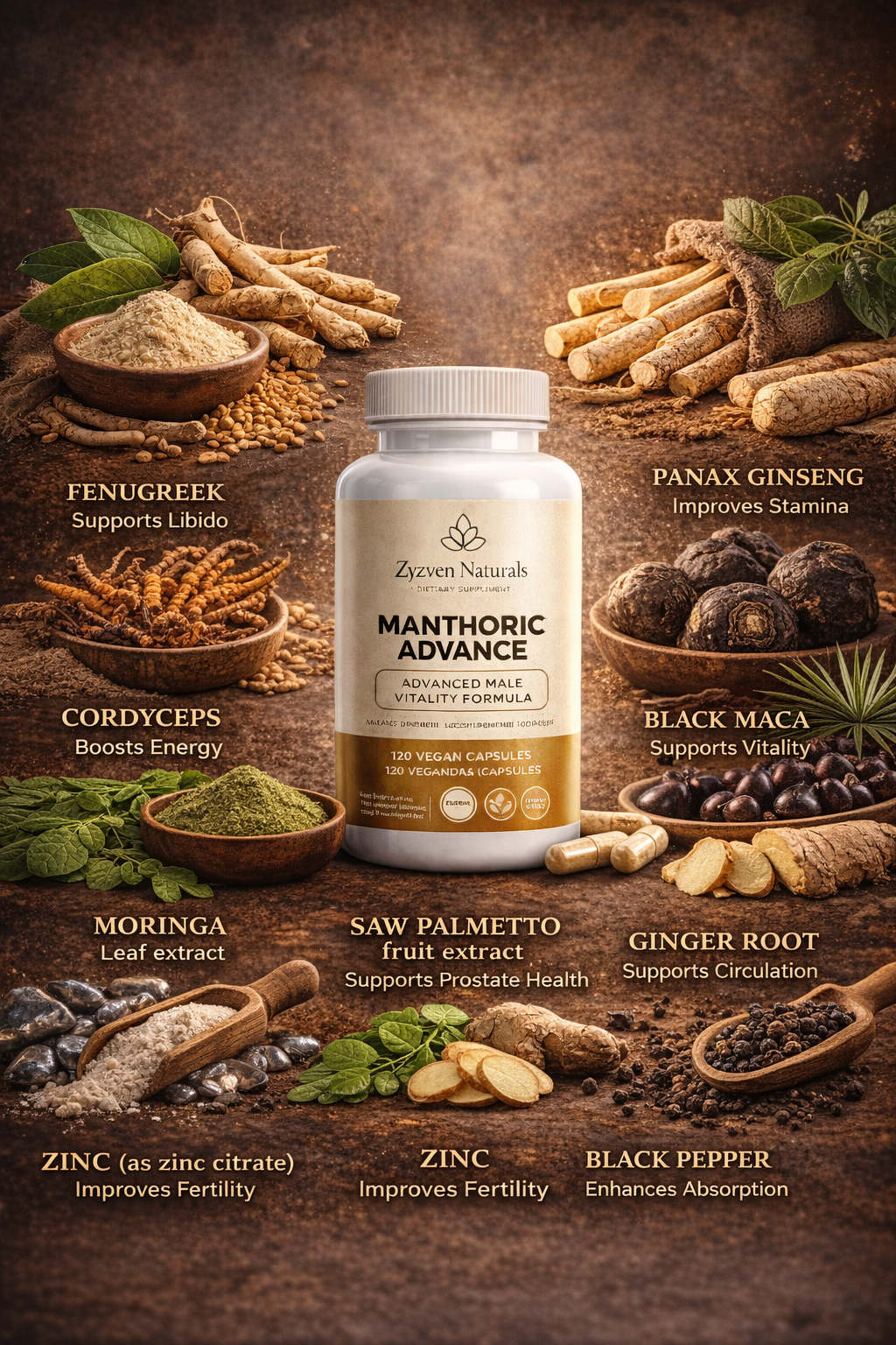 Zyzven Naturals | Manthoric Advance – Advanced Male Energy, Testosterone & Performance Formula (120 Capsules)
