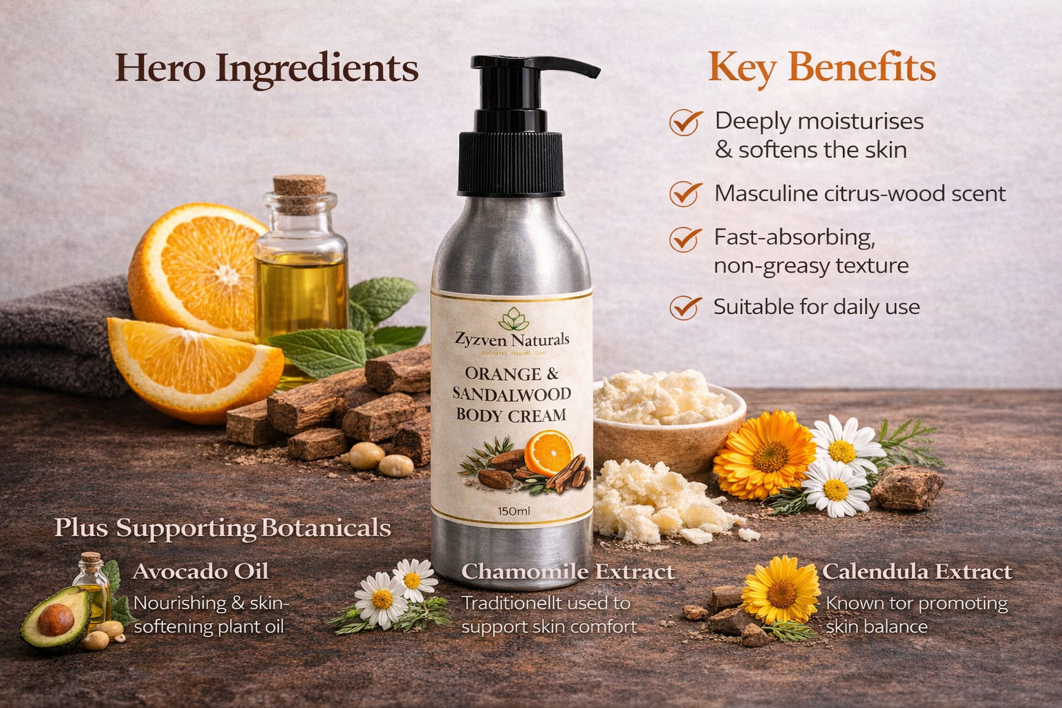 Zyzven Naturals Apelsin & Sandelträ Body Cream – Maskulin Botanisk Kroppskräm (150ml / 250ml)