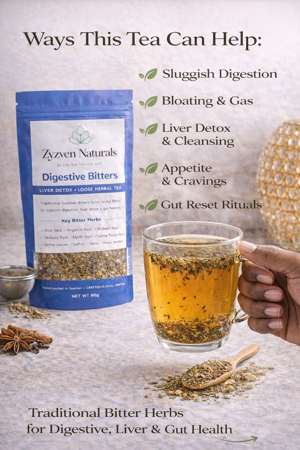Zyzven Naturals Digestive Bitters Tea – Liver Detox Loose Herb Tea (80g)