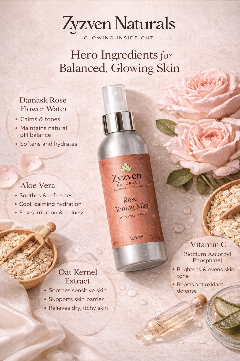 Zyzven Naturals | Rose Toning Mist – Rose & Aloe | 150ml

