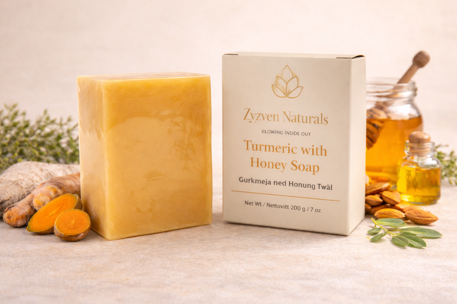 Zyzven Naturals Gurkmeja & Honungstvål 200 g – Stor Botanisk Tvål för Lyster & Rengöring