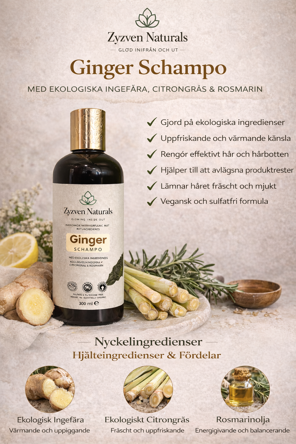 Zyzven Naturals Ginger Shampoo – Med ekologiska ingredienser | 300 ml
