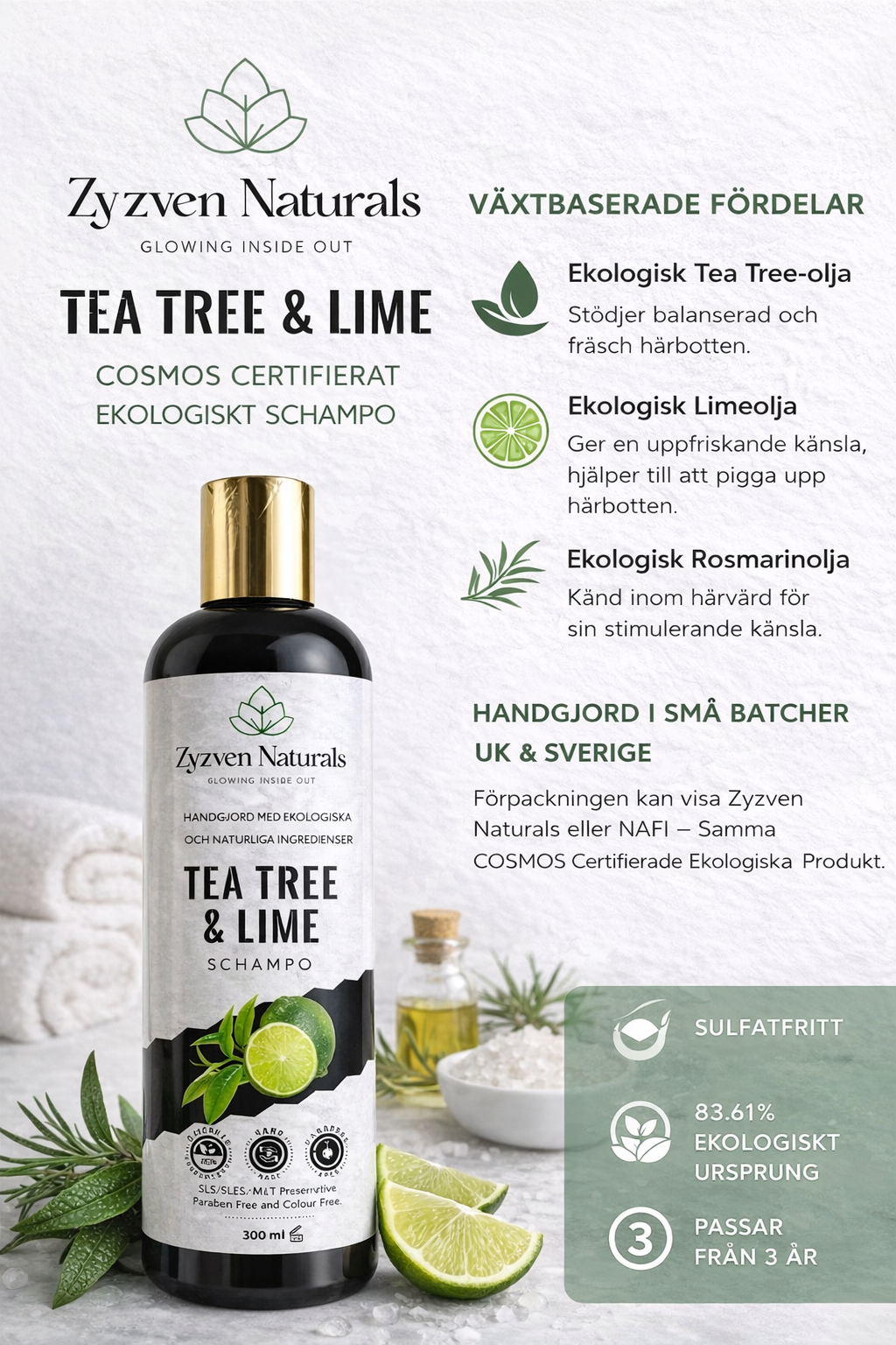 Zyzven Naturals Tea Tree and Lime Shampoo – COSMOS Certified Organic | 300 ml