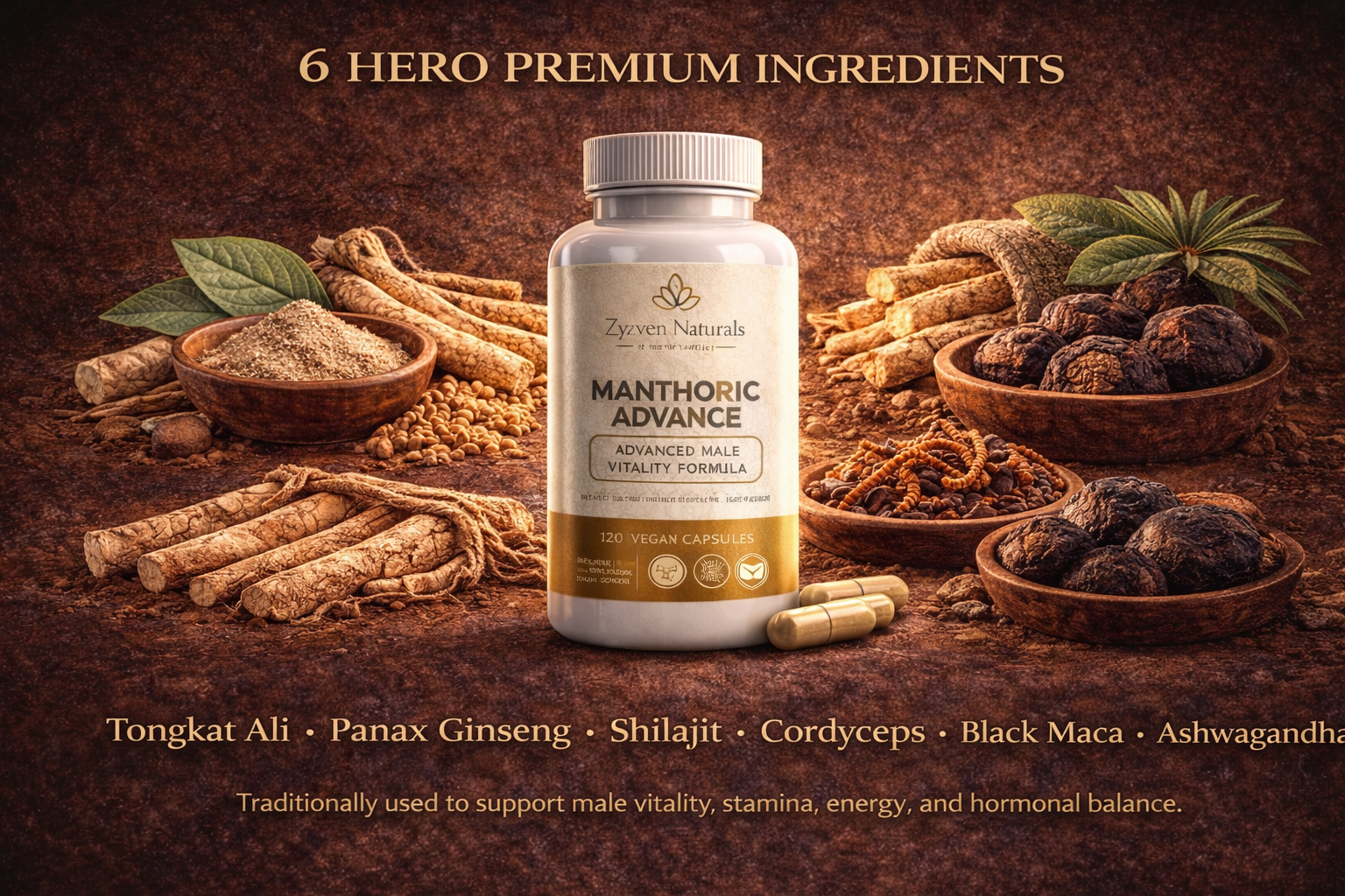 Zyzven Naturals | Manthoric Advance – Advanced Male Energy, Testosterone & Performance Formula (120 Capsules)
