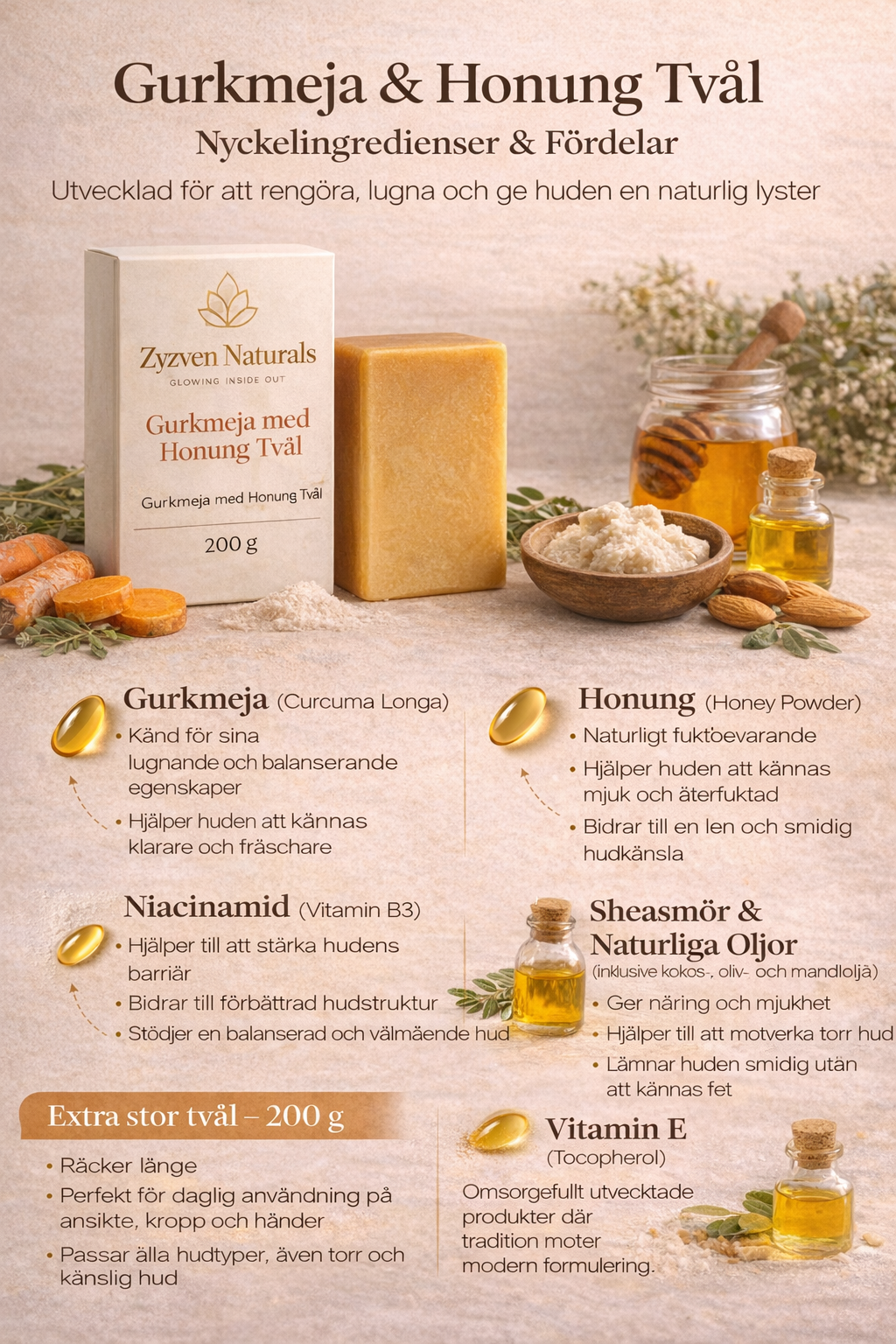 Zyzven Naturals Gurkmeja & Honungstvål 200 g – Stor Botanisk Tvål för Lyster & Rengöring