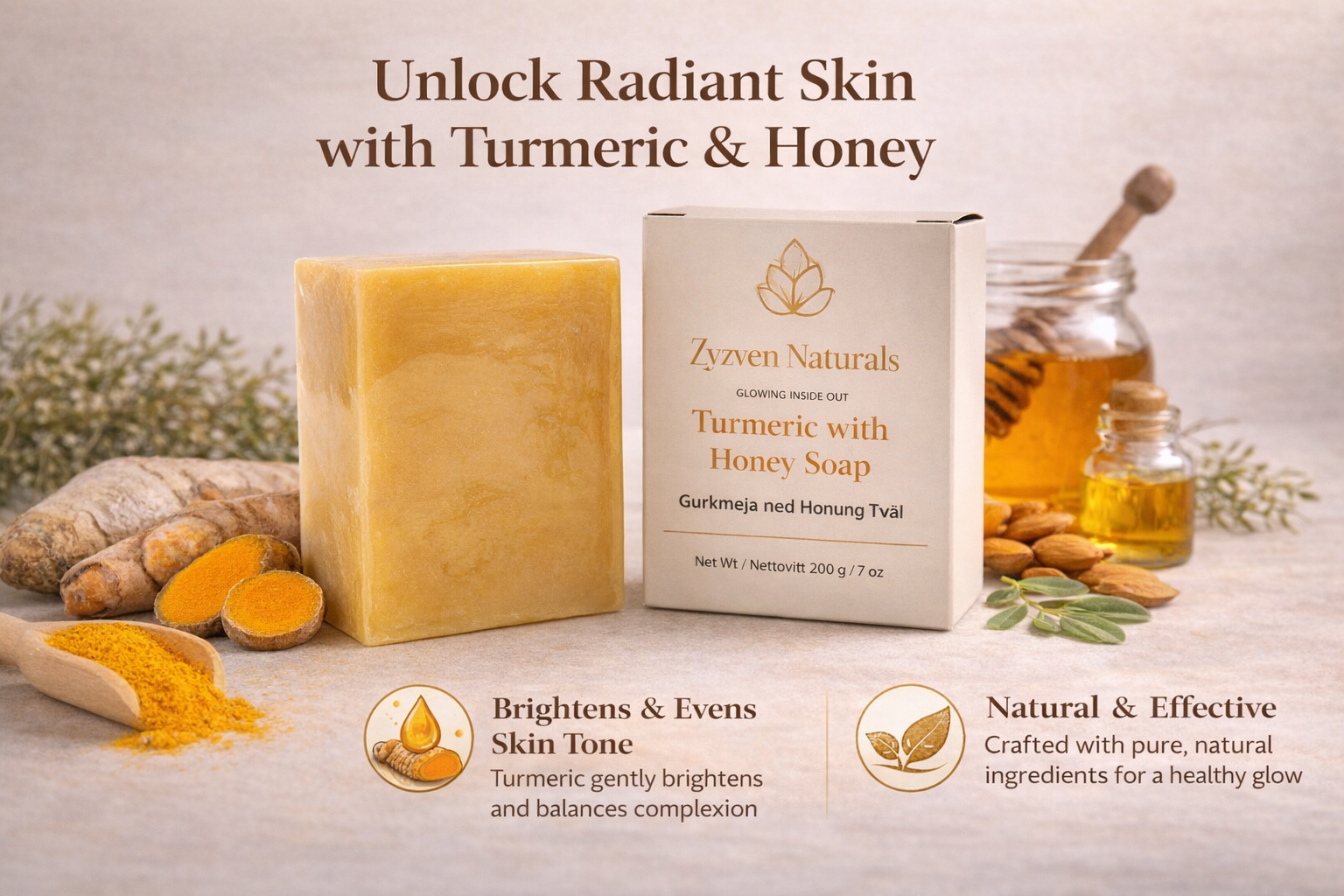 Zyzven Naturals Turmeric & Honey Soap 200 g – Large Botanical Cleansing Bar
