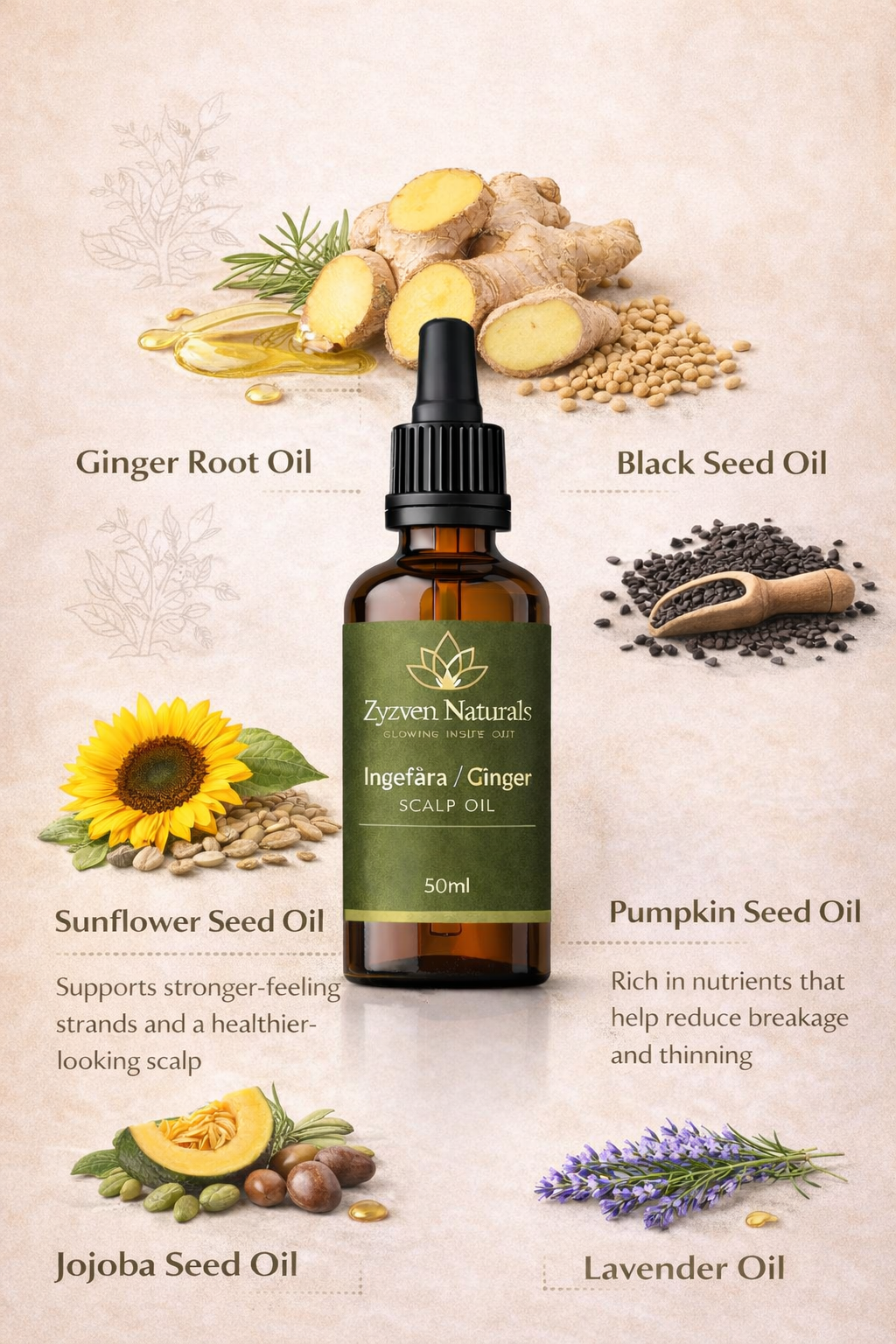 Zyzven Naturals | Ingefära Hårbottenolja – Närande & Balanserande | 50 ml