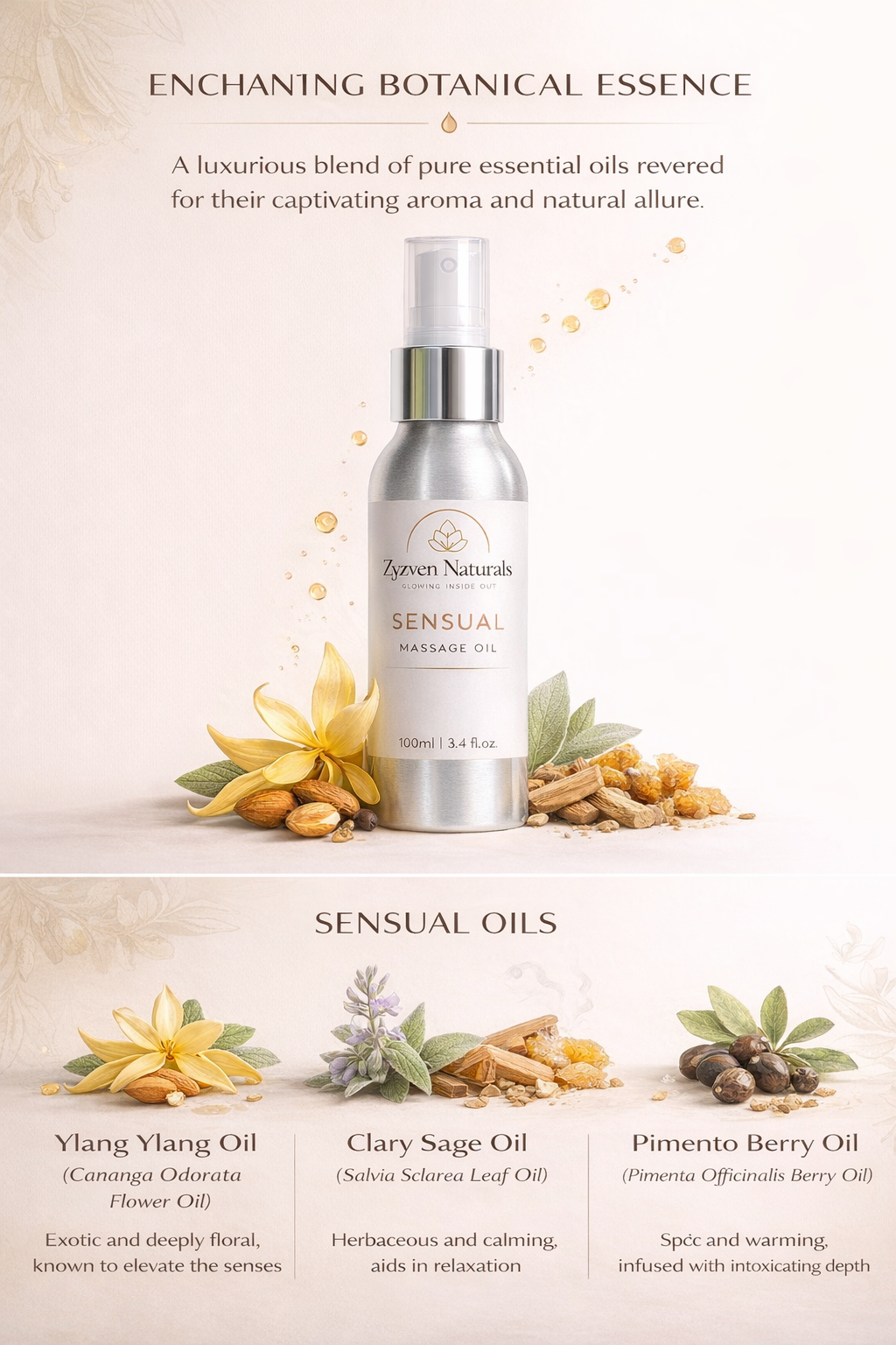 Sensual Massage Oil 100ml – Ylang Ylang & Sandalwood | Zyzven Naturals