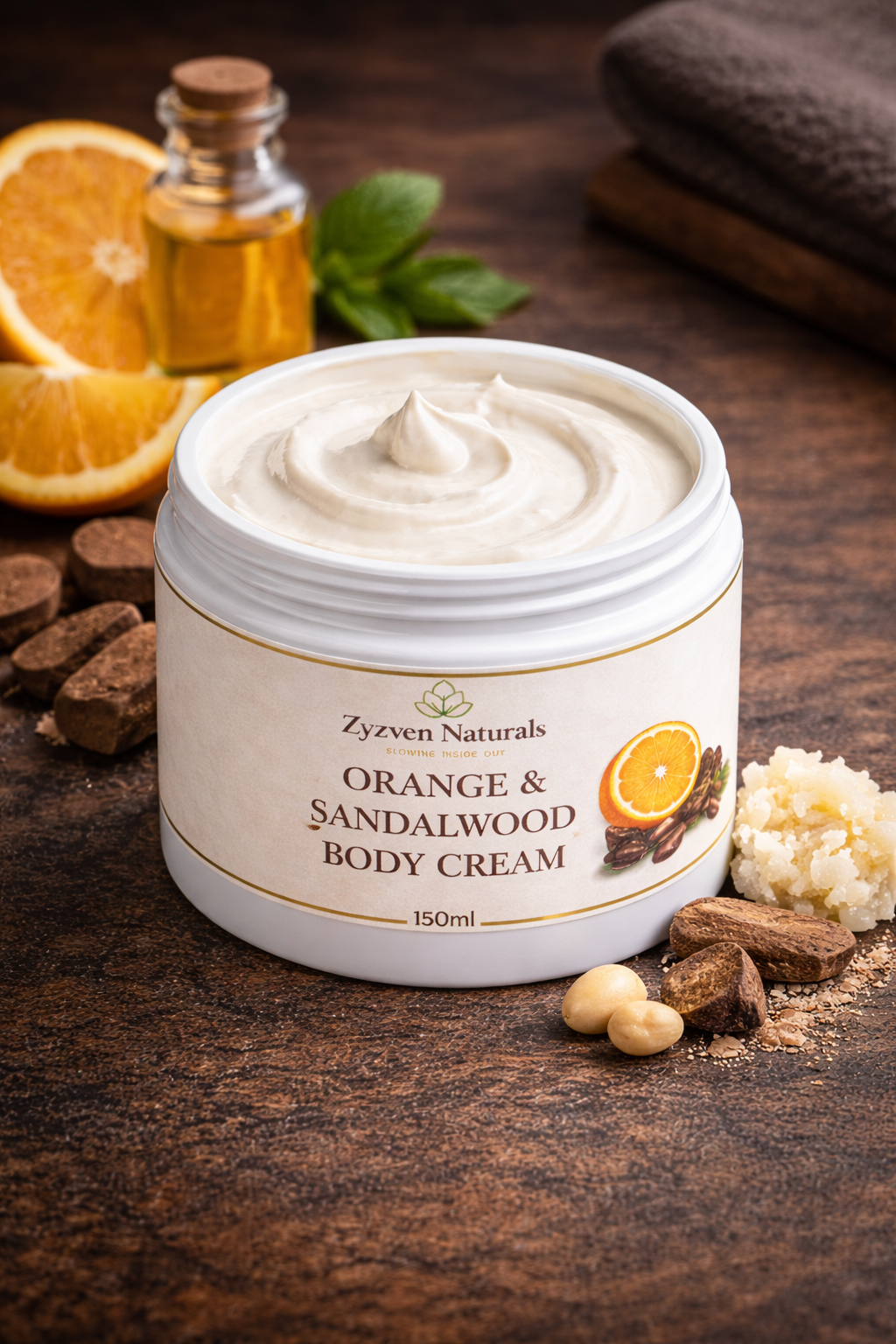 Zyzven Naturals Apelsin & Sandelträ Body Cream – Maskulin Botanisk Kroppskräm (150ml / 250ml)