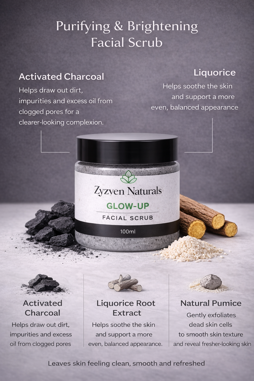 Zyzven Naturals Glow-Up Facial Scrub med Aktivt Kol & Lakrits 100ml – Exfolierande Ansiktsskrubb